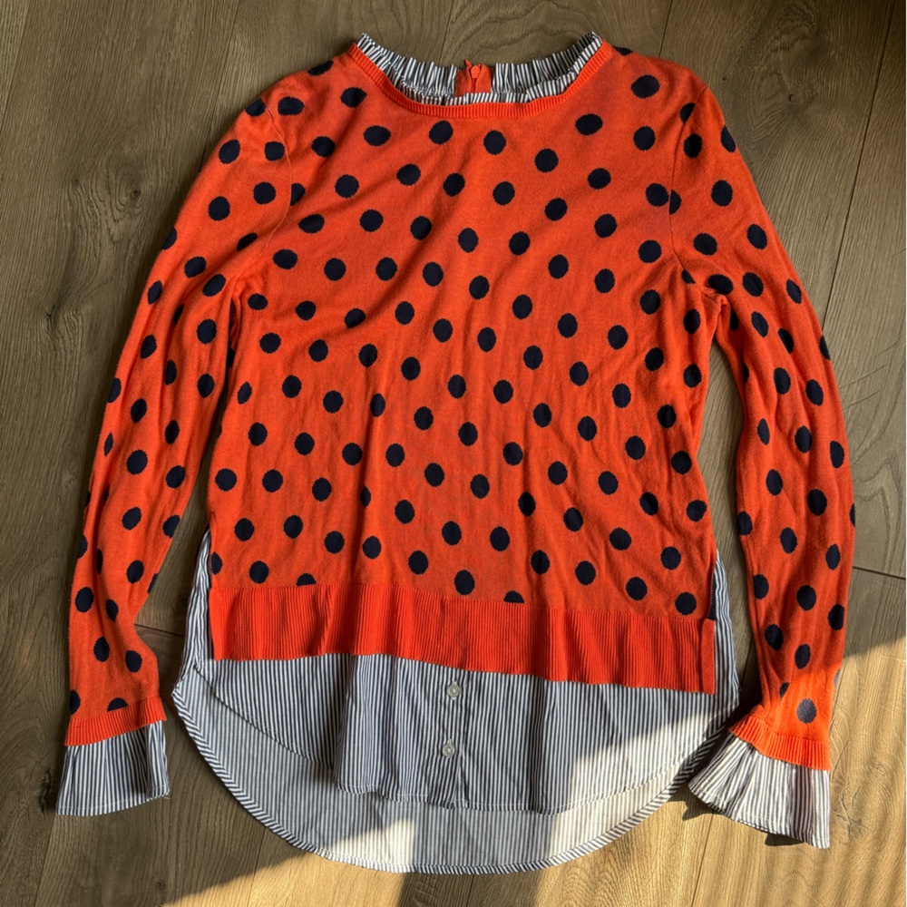 Crown & Ivy Orange & Navy Polka Dot Striped Hem Two Fer Sweater Size Medium - Picture 3 of 6